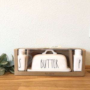 Rae Dunn SALT PEPPER Shakers BUTTER Dish Set